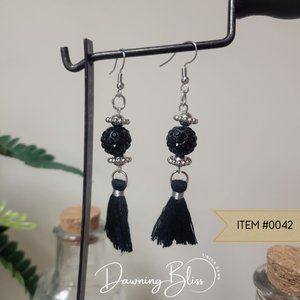 Classic Black Silver Fringe Beaded Dangle Earrings- Tineka Dawn